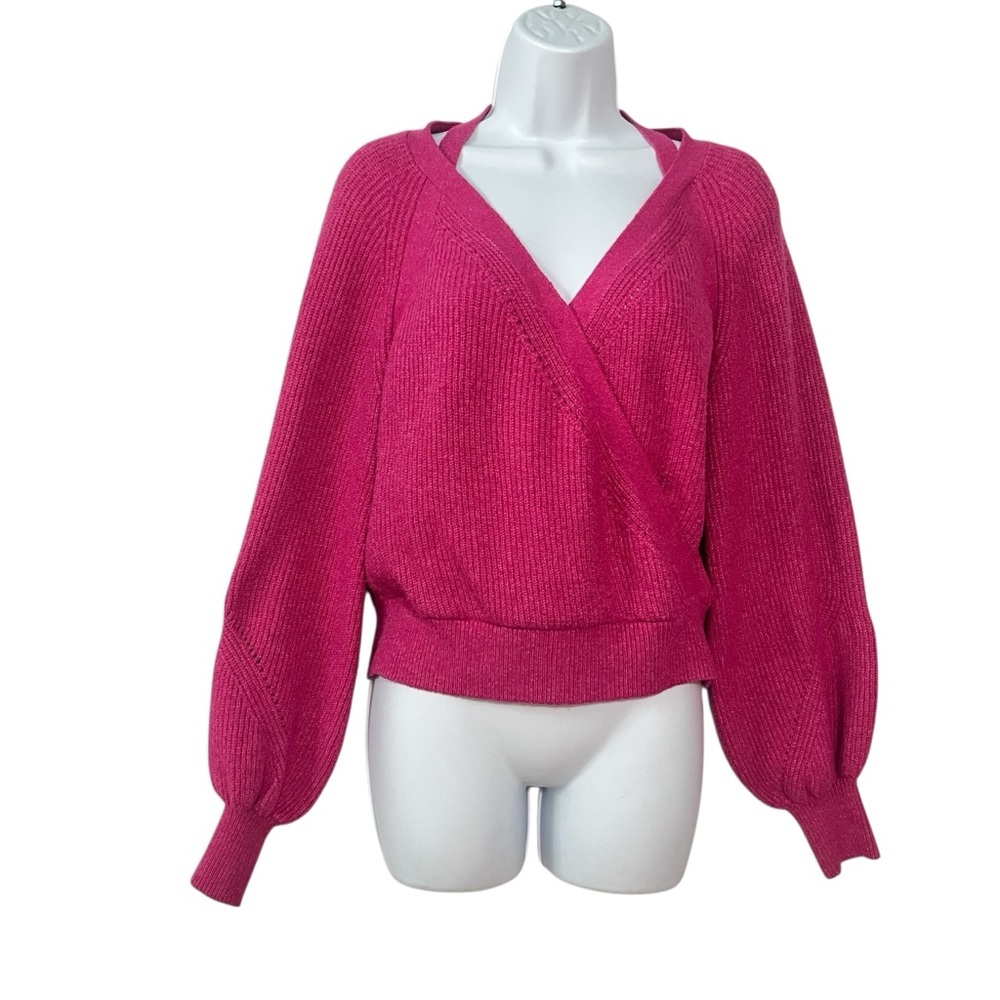 Anthropologie pullover Sweater S small Pink V-neck Long balloon sleeves Womens